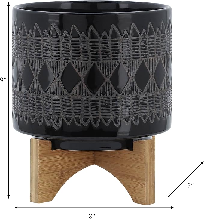 Sagebrook Home Black and Gray Aztec Design Ceramic Planter with Solid Rubberwood Stand for Tabletop Display in Living Room, Bedroom, or Office