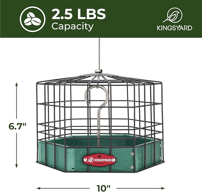 Kingsyard Squirrel Proof Platform Bird Feeders for Outdoor Hanging, Caged Bird Feeder for Small Wildbirds, Recycled Plastic Feeding Platform with Metal Seed Tray, Green