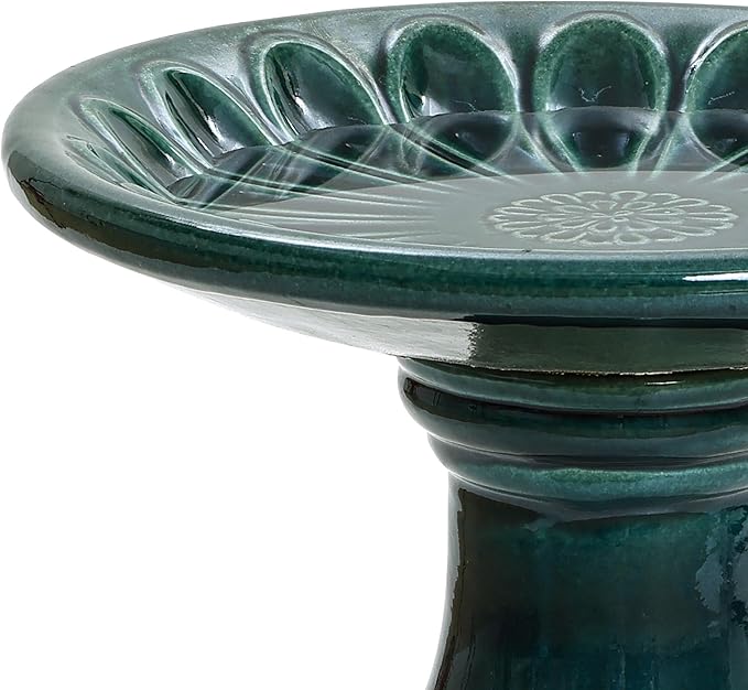 LuxenHome 22 Inch Ceramic Bird Bath for Outside, Elegant Tall Outdoor Bird Bath, Lightweight Pedestal Glazed Birdbaths for Outdoors with Floral Pattern, Dark Green