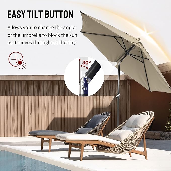 CROWN SHADES 9 Ft Patio Umbrella - Polyester Outdoor Umbrella with 30° Push Button Tilt, Patented Edge Connection Windproof Design for Patio, Pool, Garden & Table, UV Resistent