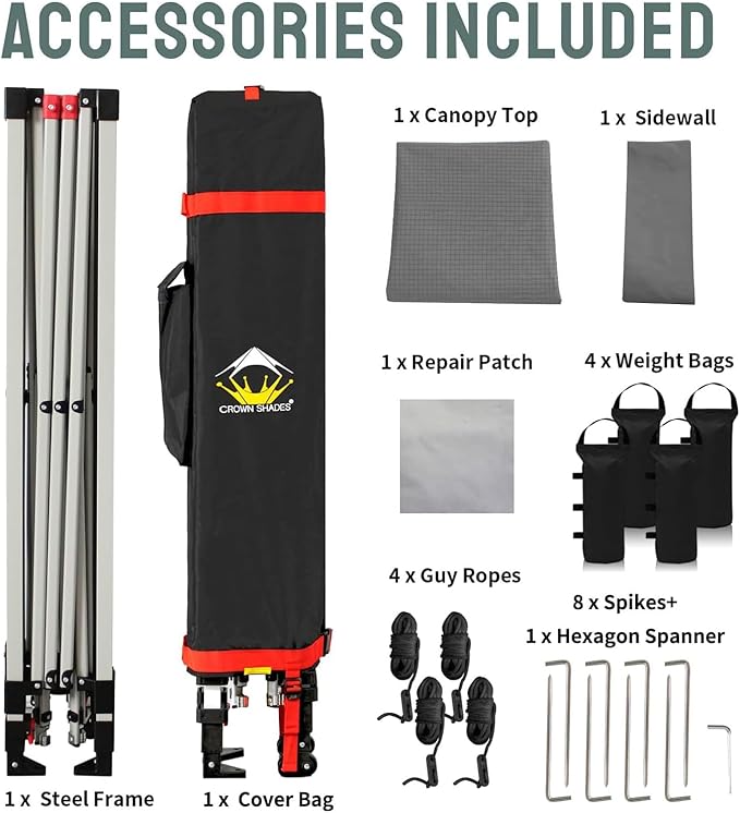 CROWN SHADES 12x12 Pop Up Canopy Tent Instant Commercial with 150D Silver Coated Fabric Including 1 Removable Sidewall, 4 Ropes, 8 Stakes, Weight Bags, STO 'N Go Bag, Grid Grey