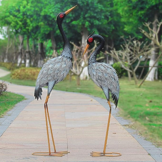 Crane Statue Garden Décor, Metal Heron Statue Yard Art for Outdoor Patio Lawn Backyard Pool Front Porch Deocr, Bird Garden Sculpture & Statues, Set of 2, Black and White