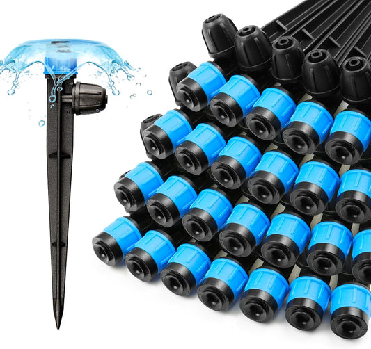 25 Pieces Drip Emitters Fan Shape with Stake for 1/4" Irrigation Tubing: Adjustable 360 Degree Water Flow Irrigation Universal Vortex Sprayer On 5" Stake Drip Pipe Sprinklers Fittings