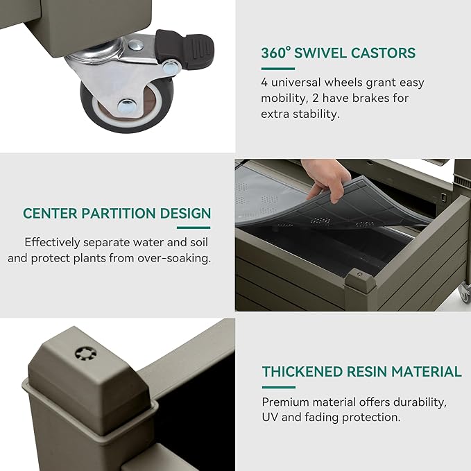 YITAHOME 43.3x17.7x61 in Planter Trellis Box with Wheels & Drain Plug, Outdoor Resin Raised Garden Bed for Climbing Plants, Large Weather-Resistant Design, Light Brown