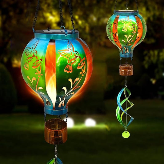 Hot Air Balloon Solar Lantern Hummingbird Wind Spinners with Flickering Flame Light Hanging Solar Lantern Outdoor Waterproof Decorations for Outside Patio Garden Yard