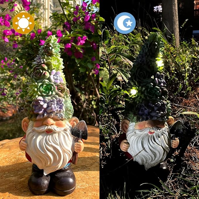 Solar Powered Gnome with Flower Hat and Shovel, Decorated Solar Light, Garden Decorations Statues, Garden Light Decor
