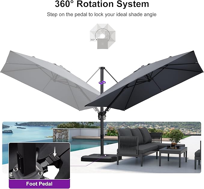 PURPLE LEAF 9.8' X 9.8' Tilting Patio Umbrella with Base Outdoor Cantilever Swivel Square Umbrella with Tilt Aluminum Offset Umbrella with 360-degree Rotation for Garden Deck Pool Patio Light Grey