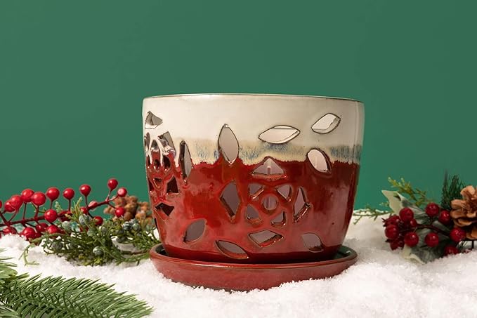 rePotme Orchid Pot - 5 inch Floral Cutout Ceramic Orchid Pot with Holes (Cream Over Garnet) - Includes Free 5 inch Slotted Pot Liner