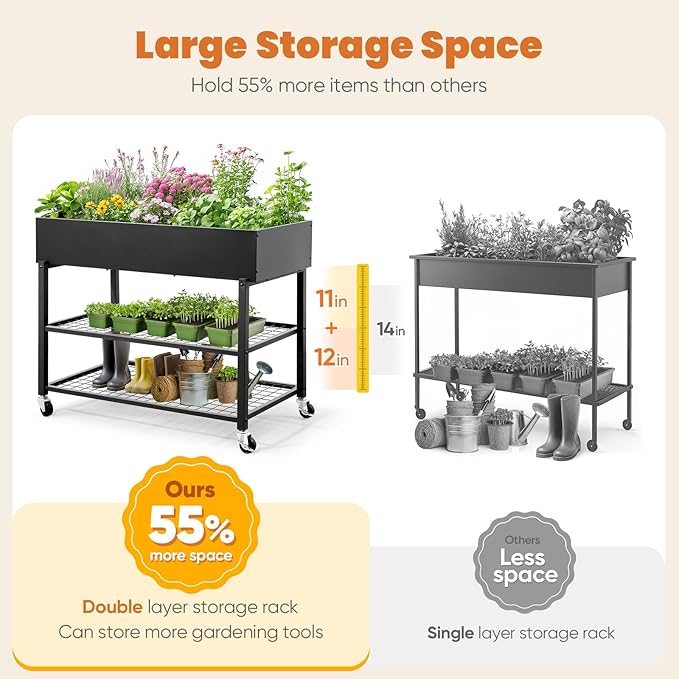 KING BIRD Raised Garden Bed with Legs & Double-Layer Storage Shelf, Galvanized Elevated Planter Box with Lockable Wheels for Backyard, Patio, Balcony, 400lb Capacity, Black, 48x24x38 in