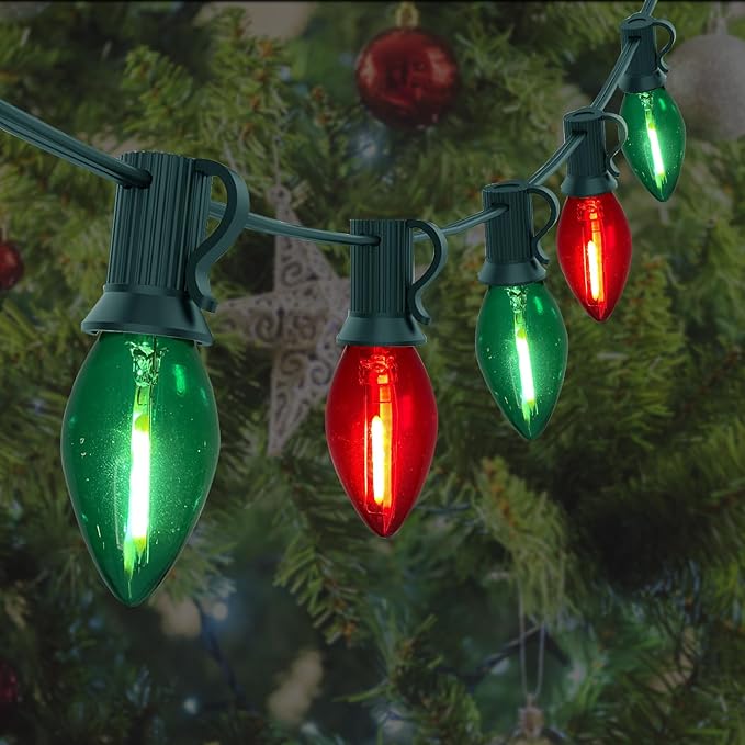 C7 LED Christmas Lights Multicolor 25Ft Outdoor Christmas Decoration Lights with 27 Red Green LED Bulbs, Vintage Christmas Lights for Christmas Tree Carnival Patio Wedding Holiday Pathway Lighting