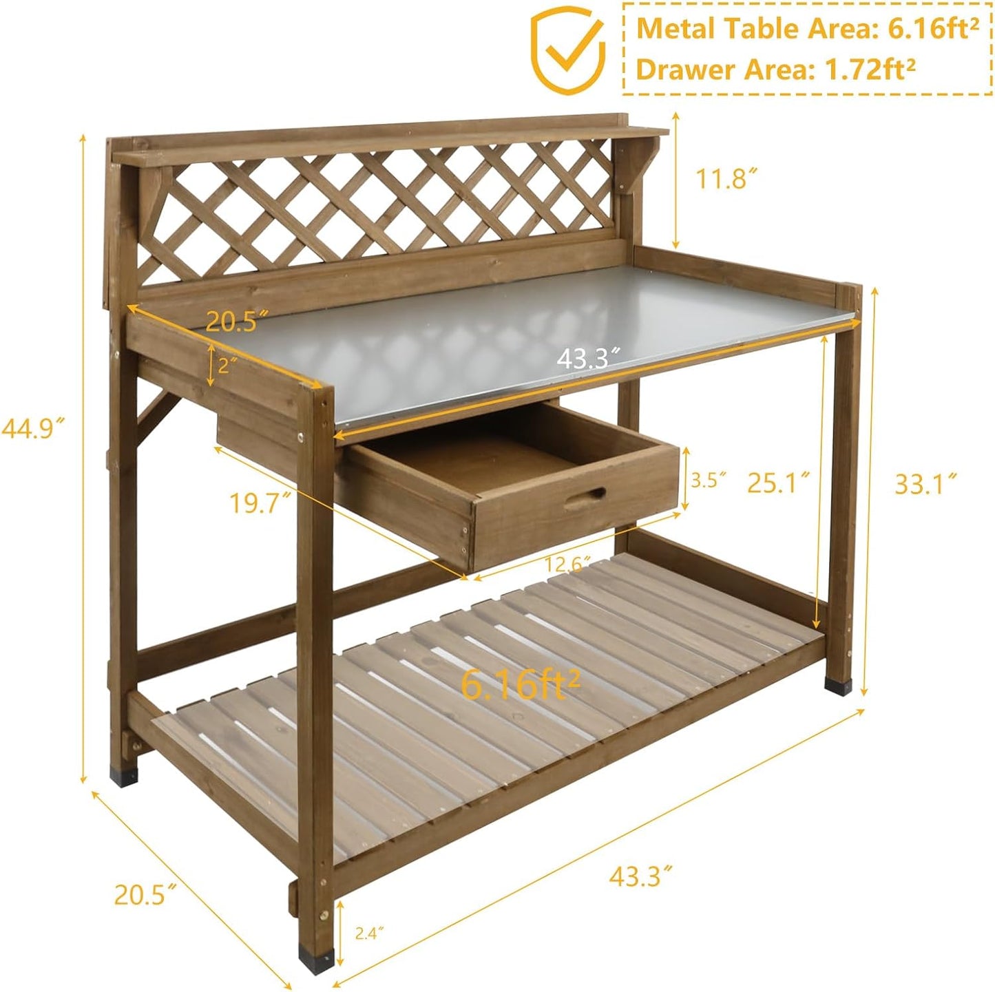 Garden Potting Bench with Metal Tabletop,Outdoor Potting Table Workstation Benches with Drawer/Storage Shelf，Fir Wood Potting Station Work Table with Open Shelf,Lattice Back (Brown)