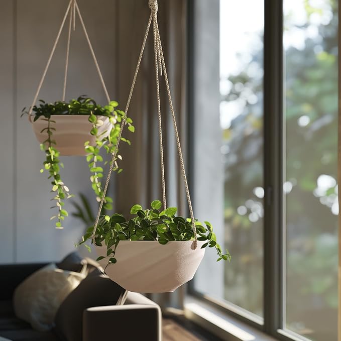 La Jolie Maison 10 Inch Hanging Planters for Indoor Plants, Outdoor Garden Planter Pots with Self-Watering Tray, Oatmeal, Set of 2