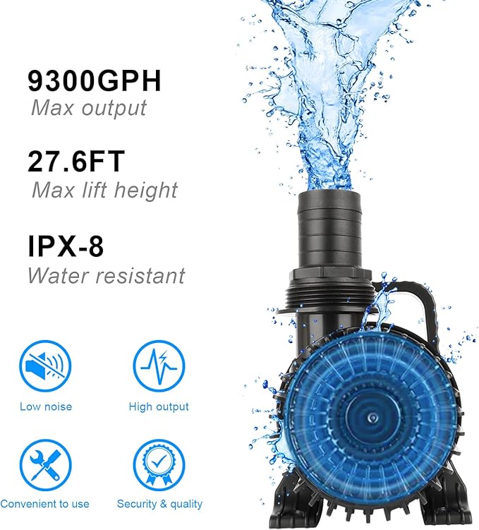 Outdoor Large 9300gph-620W 32.8FT Pond Water-fall & Kio Fish Fountain-s &Garden Pump Submersible IPX8: Long 32.8FT Cord Smart-er & Quieter Duck & Yard &Patio Ponds Pumps, 1 Barrier Pump Bag