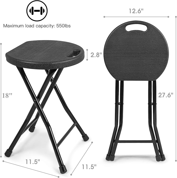 Folding Stool, 550lbs Capacity Foldable Stool with Handle, Portable Stools for Adults Heavy Duty, 18 inch Collapsible Chair for Meeting Room/Party/Garden/Home (Set of 2, Black)