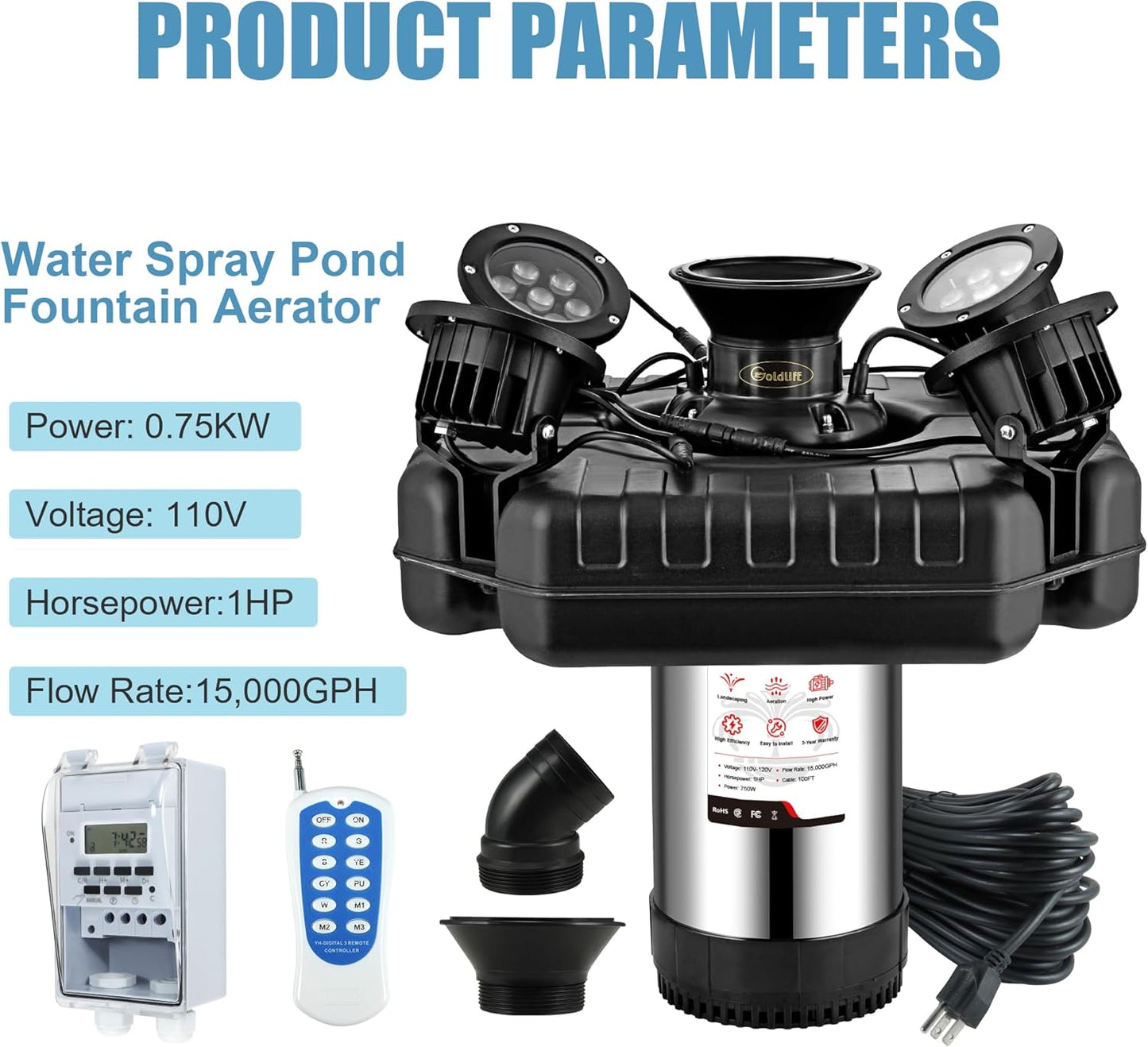 Goldlife Pond Fountain Aerator, F3 With 4 RGB Lights, 1HP 750W 110V Stainless Steel Floating Fountain With 100FT Power Cord, Octagon Aerating Fountain Pump for Small Large Pond Lake Pool Bay Fish farm