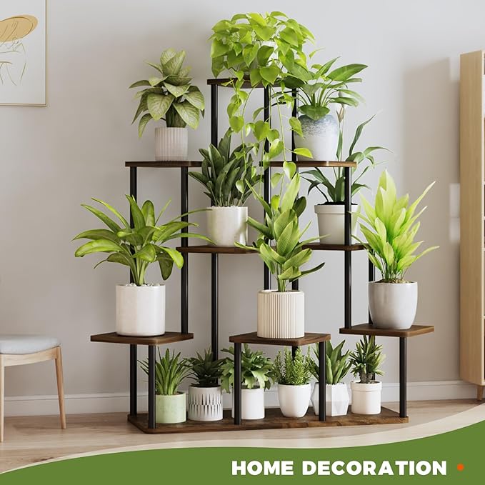 Bamworld Large Plant Stand Indoor, 9 Tier Tall Metal Plant Shelf for Multiple Plants, Tiered Flower Stand for Patio Garden Balcony Living Room Bedroom(Brown)