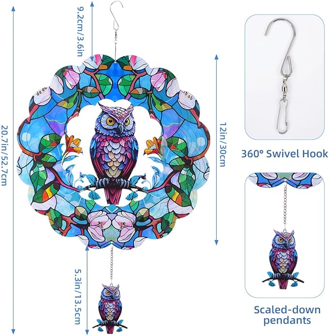 Wind Spinners Outdoor, FACIACC Owl Metal 3D Hanging Garden Decor, 12-inch Stainless Steel Wind Spinner with Tail Spinner, Wind Sculptures for Indoor Patio Lawn Yard, Ornament Gift for Women/Men
