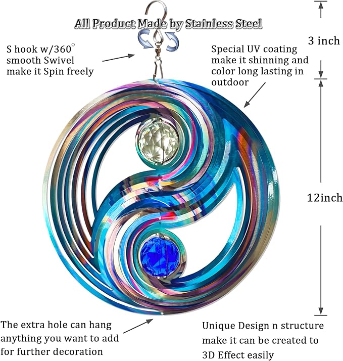 FONMY Mandala Wind Spinner w/Crystal Ball-Fengshui 3D Stainless Steel Hanging Spinners Worth Gift Christmas Decoration Indoor/Outdoor Garden Décor Kinetic Yard Art 12 Inches Wind Sculpture