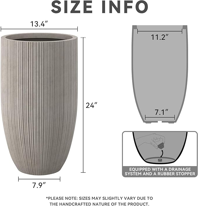 Kante 24 Inch Tall Round Concrete Planter, Large Indoor Outdoor Plant Pots with Drainage Hole and Rubber Plug, Modern Decorative Garden Pots for Home Patio Porch, Textured Weathered Concrete