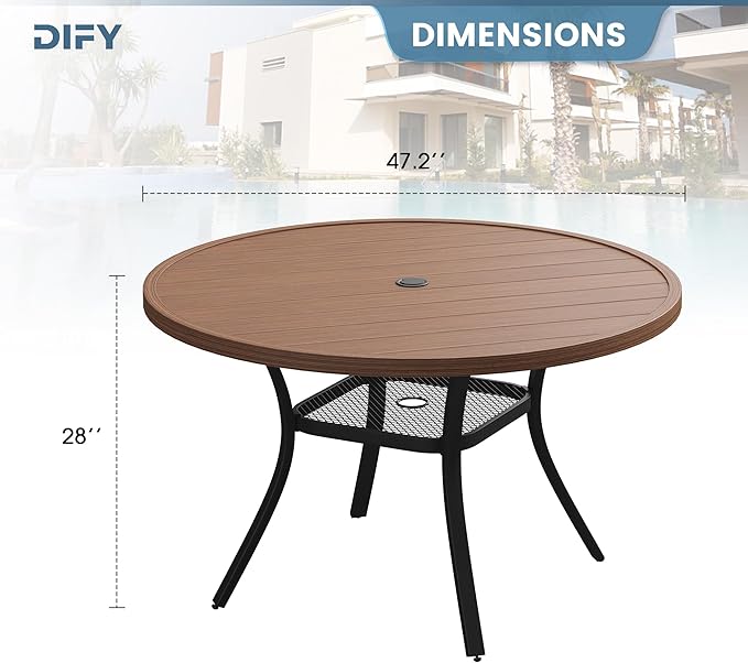 DIFY 48" Round Patio Dining Table for 6, All Weather Round Outdoor Metal Dining Table with 1.57" Umbrella Hole, Perfect for Backyard Lawn Garden, Walnut