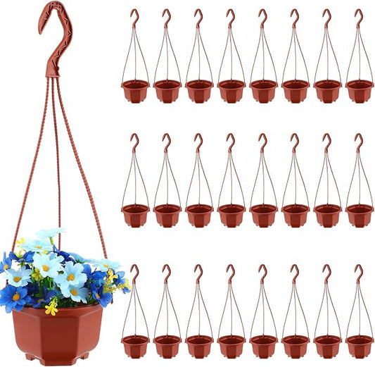 Roshtia 24 Pcs Hanging Plastic Planter Pot with Hook Flower Pots Baskets Hanging Nursery Planter Holder for Outdoor Indoor Plant Garden(Brown,5 Inch)
