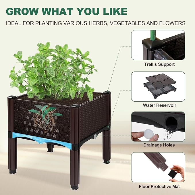 Emalie Raised Garden Beds Elevated Plastic Planter Box with Drainage Plugs Perfect for Vegetables Flowers Herbs Growing Outdoor, 31.5" Lx15.7 Wx16.5 H Brown