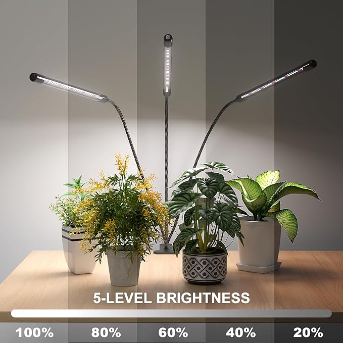 Super Bright Plant Grow Light Clip-on, 6000K Full Spectrum Gooseneck Growing Lamp with White Red Blue LEDs for Indoor Plants, Dimmable, Auto On/Off Timer 4/8/12Hrs, Independent Control Light Bars