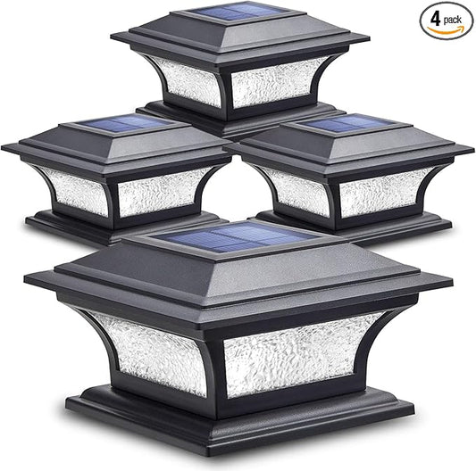 SIEDiNLAR Solar Post Lights Outdoor Glass LED Fence Cap Light 2 Modes for 4x4 5x5 6x6 Posts Deck Patio Garden Decoration Warm White/Cool White Lighting Black (4 Pack)