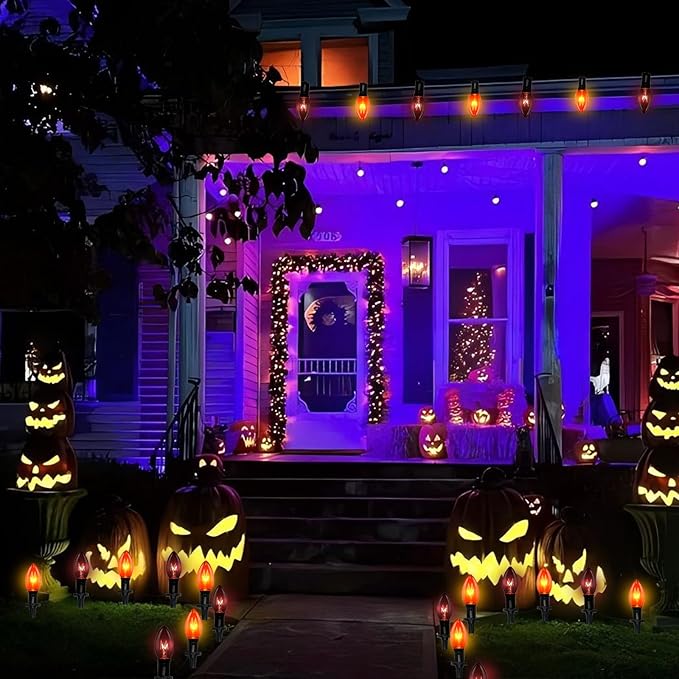 C9 Halloween Pathway Lights Outdoor, 19.5Ft Marker String With Orange and Black Stakes, Walkway Lights for Lawn Yard Sidewalk Garden Decoration