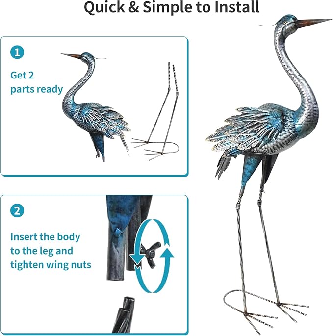 Crane Garden Decor Statue, Blue Heron Garden Statue Metal Yard Art Outdoor Decoy, Garden Sculptures & Statues for Yard/Garden/Lawn/Pond/Outdoor Decoration, 1Pc