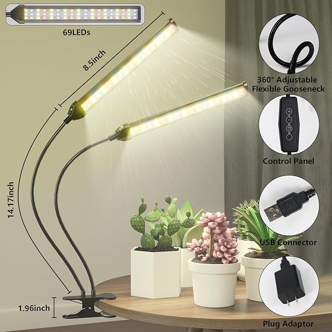 [2024 Newest] Grow Light, 5000K Full Spectrum White Red Blue 138 LED Plant Lamp Clip-on Desk for Indoor Plants Growing, 5 Dimmable Levels & Timer Setting 4/8/12/18H
