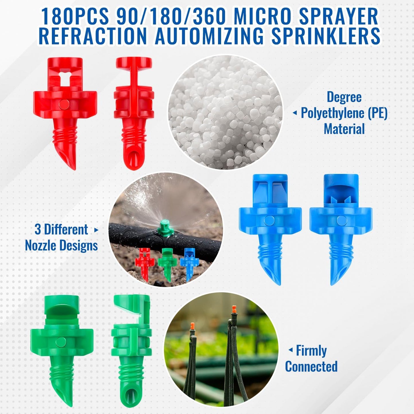 180Pcs 90/180/360 Degrees Drip Irrigation Emitters, 3 Color Heads Irrigation Misting Sprinkler, Refraction Micro Sprayer Applicable for Lawn Watering System