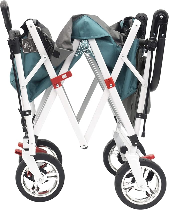 Creative Outdoor Wagon, Push and Pull Double Stroller for Toddlers & Kids with Removable Canopy and Seat Belt Harnesses, Collapsible Folding Garden Cart, Adjustable Handle, Beach Wagon (Teal)