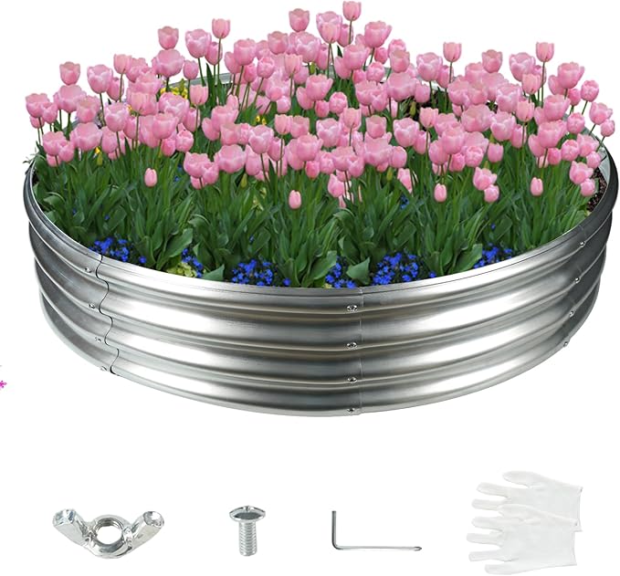 60 Inch Diameter Silver Galvanized Garden Raised Bed/Plant Box/Fire Pit Ring-0.8mm Thick,12 Inch Tall,Crimped Edge and Corner,No Sharpe,Perfect for Plantings (5FT Diameter, Round)