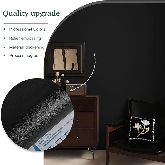 Dimoon 78.7''x17.7'' Black Peel and Stick Wallpaper Contact Paper Modern Self Adhesive Wall Paper Removable Renter Friendly Textured Solid Color Shelf Cabinet Vinyl Roll (78.7''x17.7'',Black)