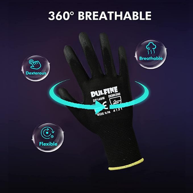 DULFINE Ultra-Thin PU Coated Work Gloves-60 Pairs,Excellent Grip,Nylon Shell Black Polyurethane Coated Safety Work Gloves, Knit Wrist Cuff,Ideal for Light Duty Work. (Small)