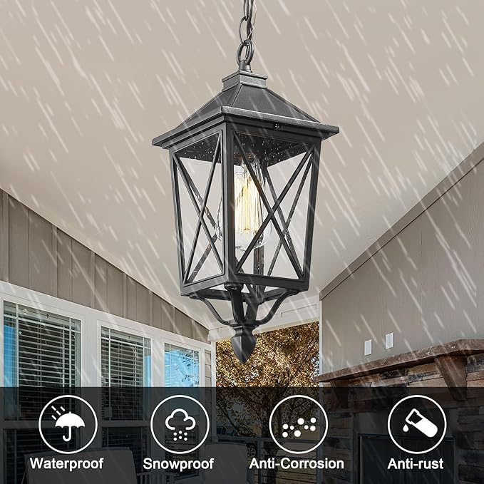 Darkaway Outdoor Pendant Light Fixture, Outdoor Hanging Porch Light with Seeded Glass, Anti-Rust Waterproof Aluminum E26 Socket Lighting for Porch Entryway Doorway