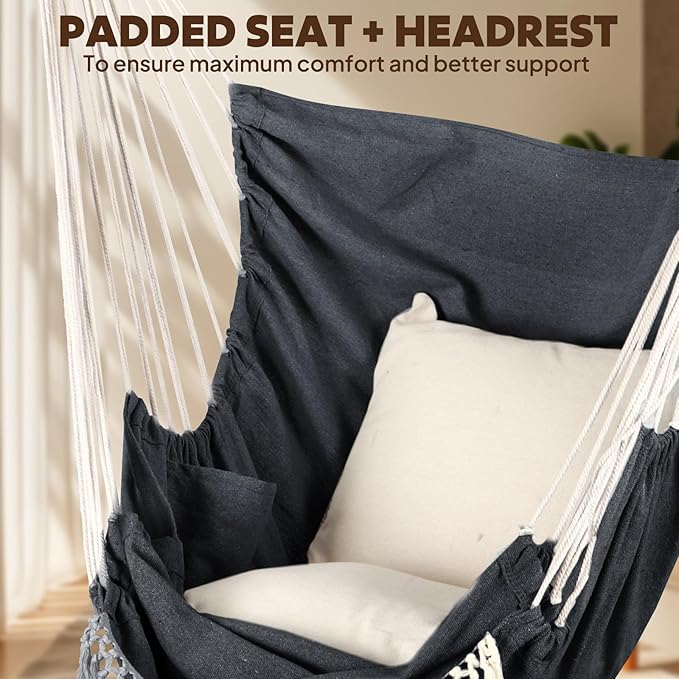 Chihee Hammock Chair Hanging Chair with Foot Rest 2 Cushions Max 500lbs Robust Metal Spreader Bar Collapsible Easy Storage Soft Cotton Swing Chair Strong Strap Iron Carabiner Side Pocket Included