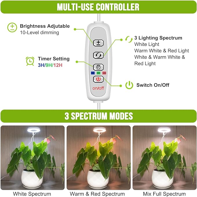 Grow Lights for Indoor Plants, 48 LEDs Full Spectrum Halo Plant Light for Indoor Plants, Height Adjustable Growing Lamp with Detachable Base, 3 9 12Hrs Timer, 10 Brightness, 3 Pack