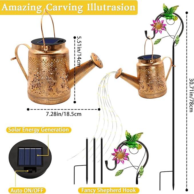 2 Pack Solar Lanterns Outdoor Waterproof,Hummingbird Watering Can Garden Decor,Hanging Solar Path Lights Yard Art,Outside Patio Decorations Gardening Birthday Gifts for Mom Grandma Women (with Hook)