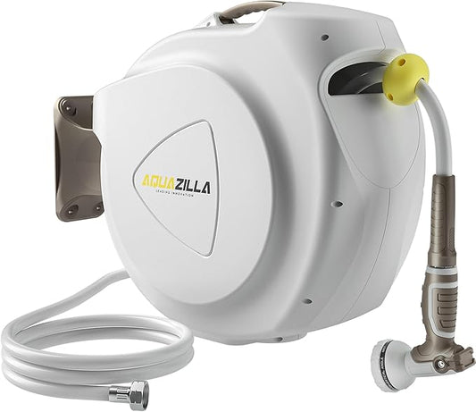 Retractable Garden Hose Reel, 1/2 in 100+6 ft, Heavy Duty Wall Mounted Water Hose Reel, Spring Power Automatic Rewind, Any Length Lock, 180° Swivel Bracket, 10 Pattern Spray Nozzle