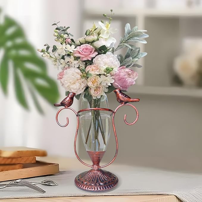 POXOH Vintage Glass Planter - Metal & Glass Propagation Vase with Dual Birds Art, Retro Indoor Planter for Hydroponic Plants, Office Desk Decor, Living Room Centerpiece