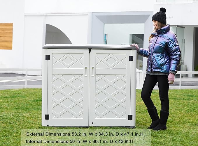 KINYING Larger Outdoor Storage Shed Weather Resistance, Horizontal Outdoor Storage Box Waterproof for Garden, Patios, Backyards, 48 Cu.ft Capacity for Garbage Cans, Lawn Mower, Garden Tools