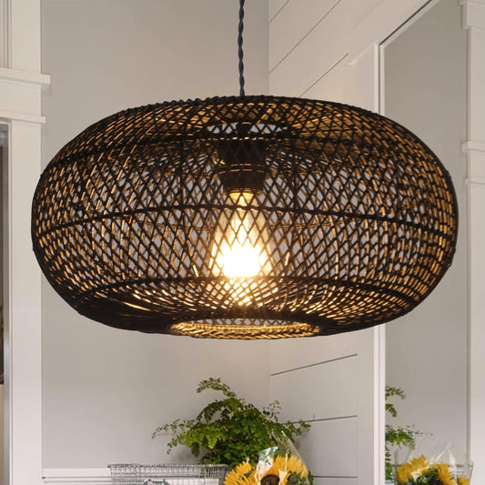 Rattan Pendant Light 15.75" 1-Light Hand-Woven Bamboo Rattan Hanging Lamp Large Globe Wicker Chandelier Modern Bohemian Adjustable Pendant Lamp for Kitchen Island Farmhouse Outdoor Porch Black.…