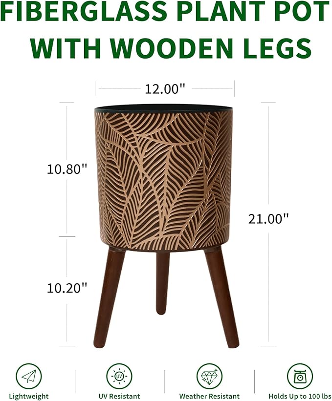 12inch Black Plant Pots for Indoor Plants Large Boho Flower Pot with Stand Modern Planters with Gold Floral Embossed Standing Planter with Drainage for Living Room, Office, Garden or Balcony