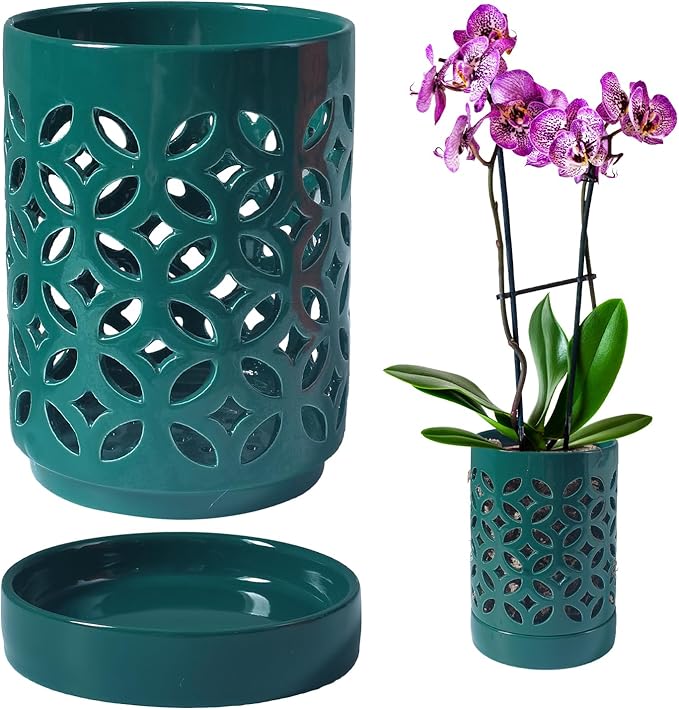 Orchid Pot 4 Inch, Orchid Pots with Holes & Saucers for Repotting, Breathable Slotted Orchid Pots Flower Plant Nursery Pot Green
