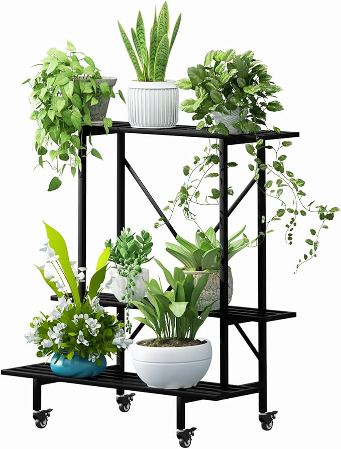 Zhongma 3 Tier Plant Stand with Wheels, Heary Duty Metal Plant Stand, 35.43 L x 17.5 W x 38.6H . Space saving Plant Stand