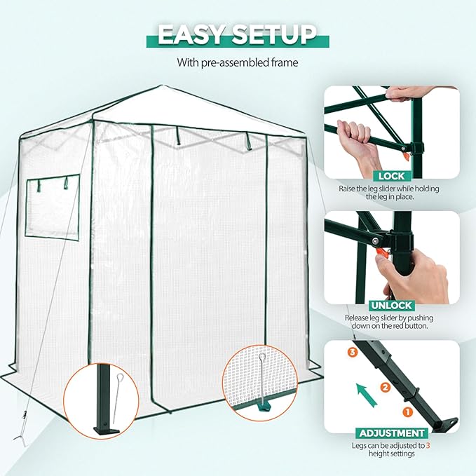 EAGLE PEAK 6x4 Portable Walk-in Greenhouse, Pop-up Indoor Outdoor Garden Green House, Zippered Door and Windows, PE Cover, White