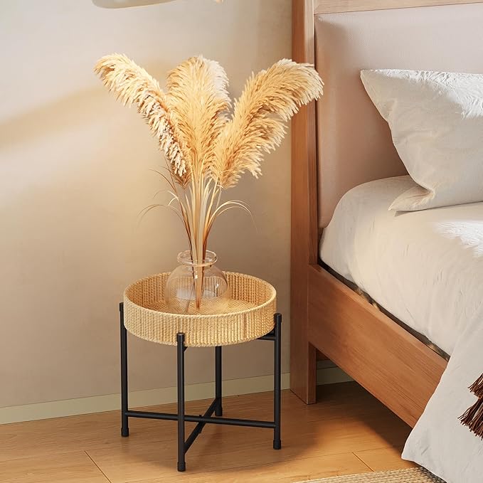 Bamworld Rattan Plant Stand Indoor,Small Boho Plant Table for Large Plants,Heavy Duty Plant Holder for Living Room Bedroom