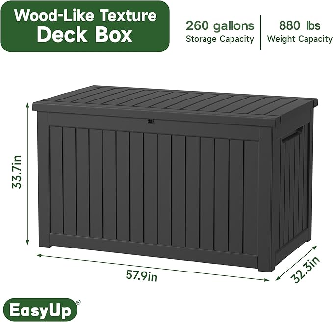 260 Gallon Outdoor Storage Box Waterproof, UV Resistant Resin Deck Box with Hydraulic Rod, Lockable Design and Enhanced Durability for Patio, Garden, and Poolside Use